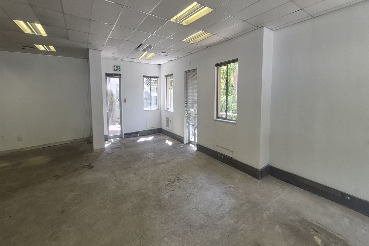 An empty office space featuring a suspended ceiling with recessed lighting, concrete flooring, and multiple windows providing natural light.