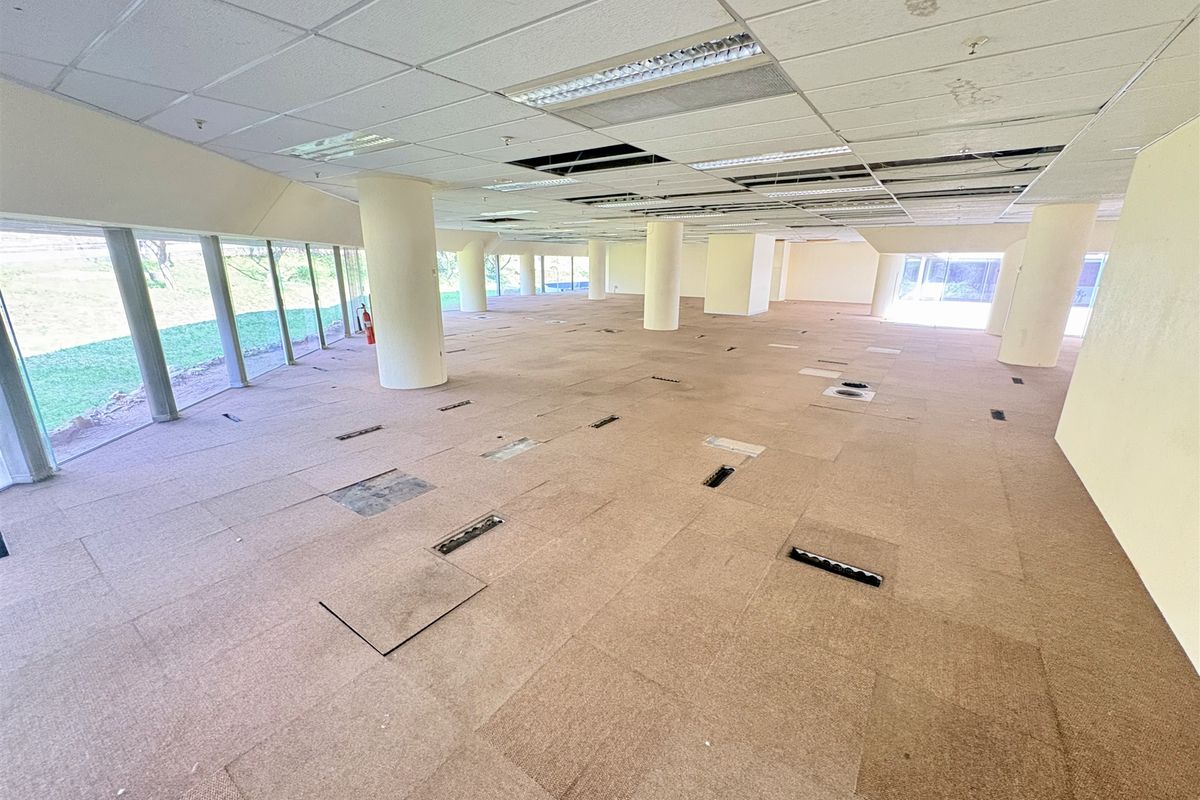 Spacious open-plan office area featuring floor-to-ceiling windows, structural columns, and a suspended ceiling, currently in need of refurbishment.