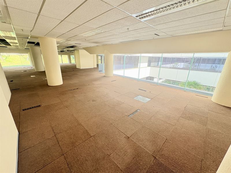 An expansive, open-plan office space featuring large floor-to-ceiling windows, structural columns, and a suspended ceiling, currently vacant and ready for custom fit-out.