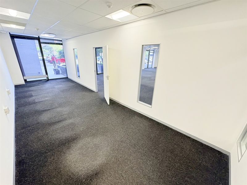 A bright, vacant office space featuring neutral carpet flooring, suspended ceilings with recessed lighting, and internal glass partitions for a professional work environment.