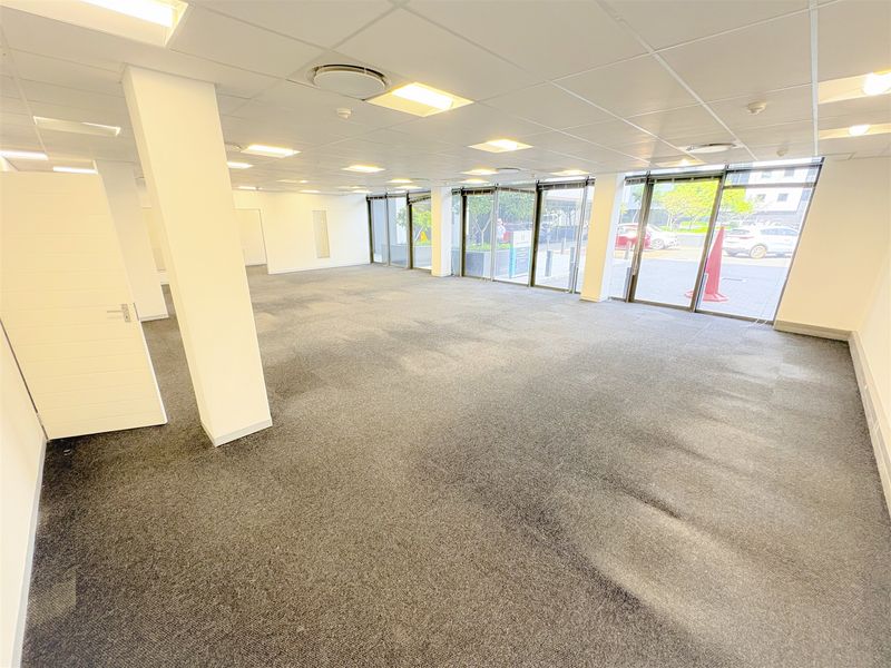 Spacious, open-plan office area featuring a suspended ceiling, recessed lighting, and large floor-to-ceiling windows providing ample natural light.