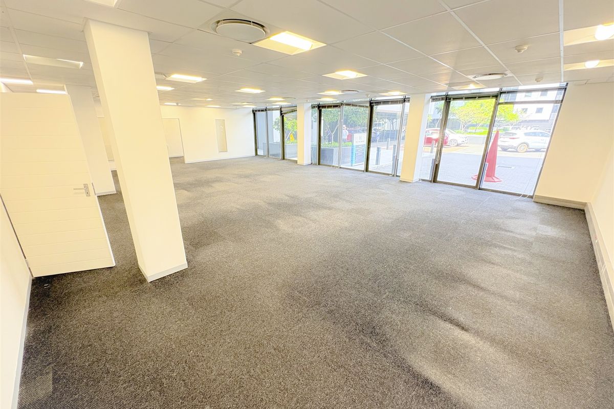 Spacious, open-plan office area featuring a suspended ceiling, recessed lighting, and large floor-to-ceiling windows providing ample natural light.