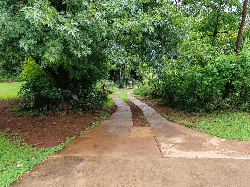 A winding concrete driveway leads through a lush, mature garden setting on this farm property, providing a scenic approach to the entrance.