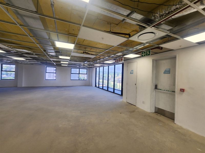 Open-plan office space featuring an unfinished suspended ceiling, concrete flooring, and large windows providing natural light and exterior views.