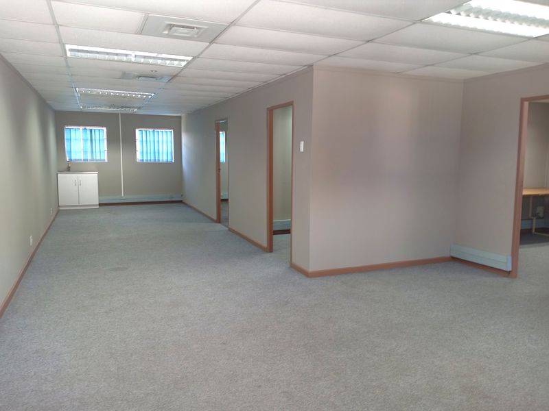 An open-plan office space featuring a suspended ceiling with recessed lighting, carpeted flooring, and multiple partitioned doorways.