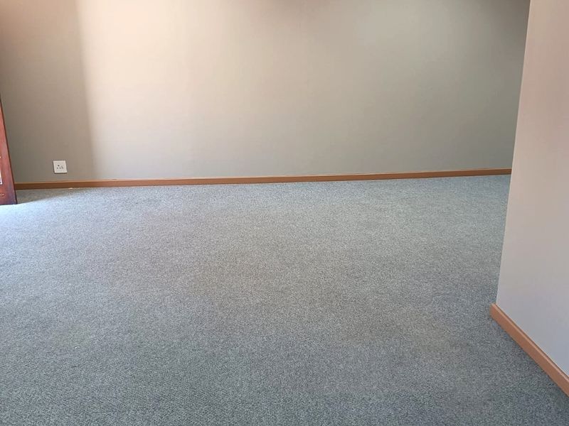 A vacant office space featuring neutral wall finishes, commercial-grade carpeting, and a suspended acoustic tile ceiling with integrated lighting.