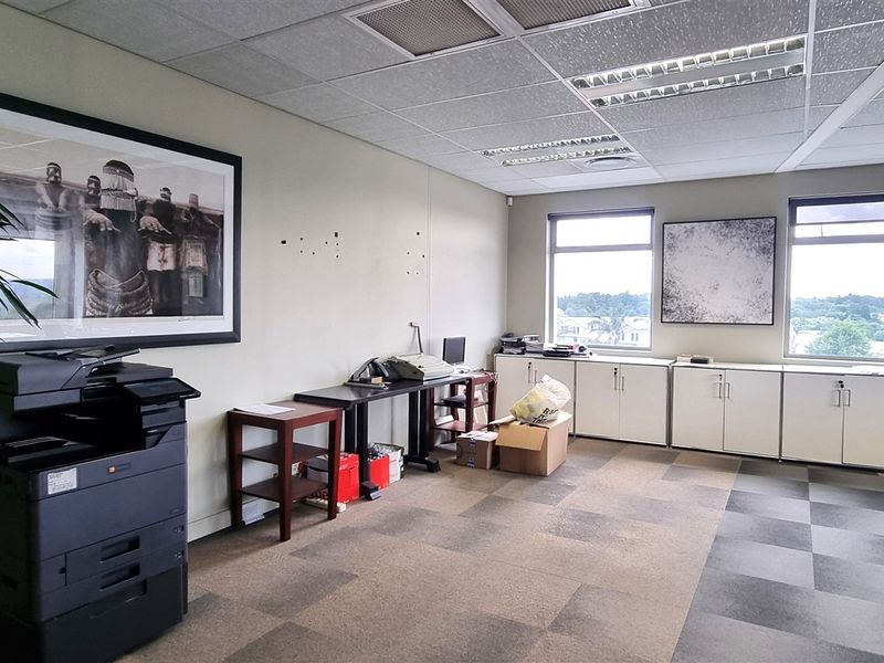 A functional office space featuring carpet tile flooring, suspended ceilings with recessed lighting, and built-in storage cabinets with large windows providing natural light.
