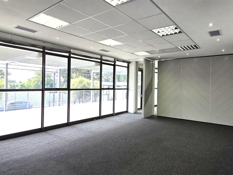 A bright, open-plan office space featuring large floor-to-ceiling windows, a modern suspended ceiling with recessed lighting, and neutral carpeted flooring.