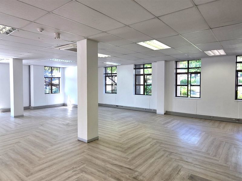 A spacious, open-plan office area featuring modern herringbone vinyl flooring, a suspended ceiling with recessed lighting, and large windows providing ample natural light.