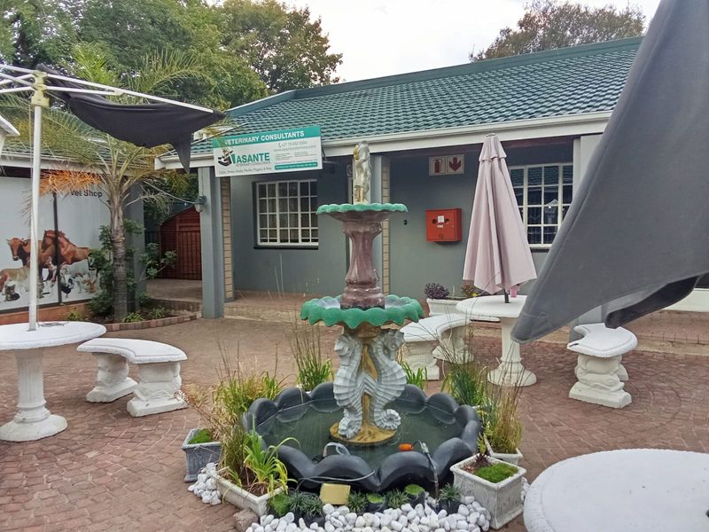 Outdoor courtyard area featuring a decorative fountain, paved flooring, and access to the veterinary consultancy building.
