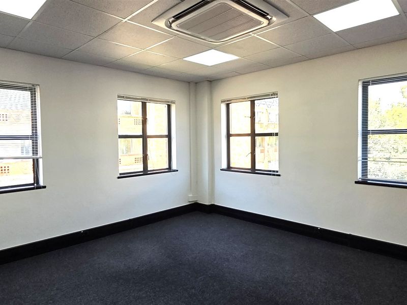 A bright, empty office space featuring carpeted flooring, a suspended ceiling with recessed lighting, integrated air conditioning, and multiple windows with venetian blinds.