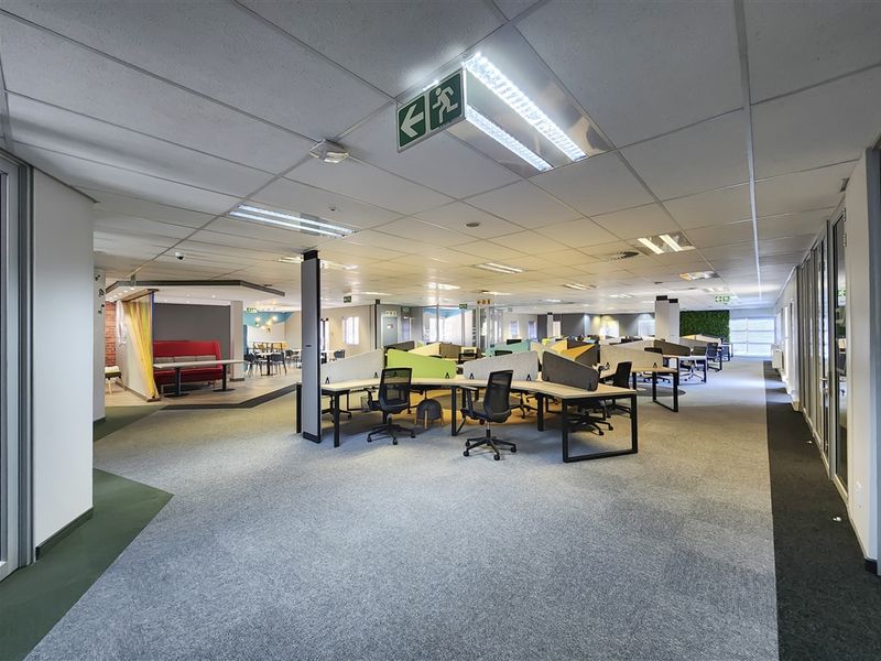 Spacious open-plan office area featuring suspended ceilings, recessed lighting, carpeted flooring, and integrated desk workstations with acoustic privacy screens.