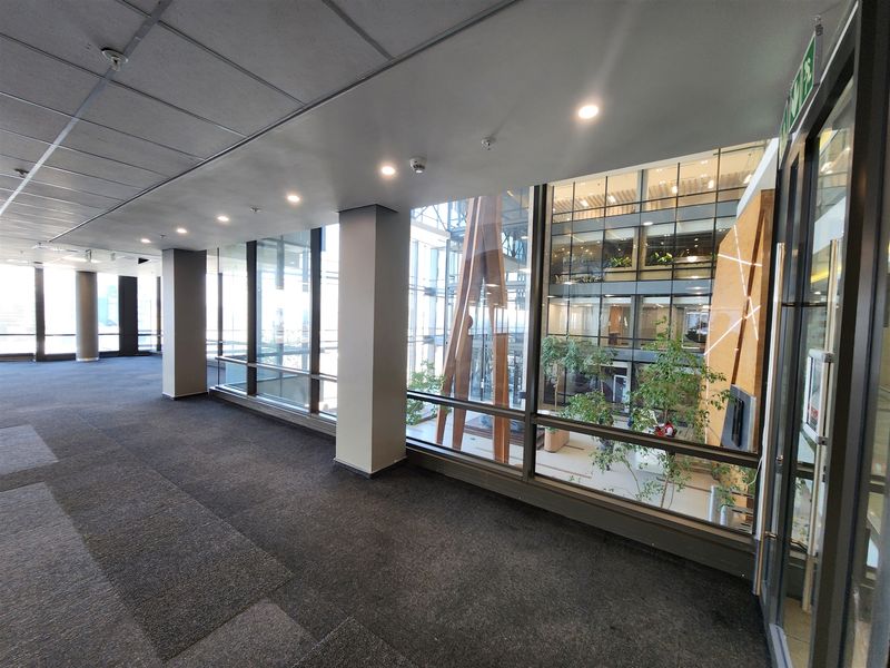 Spacious, modern office corridor featuring extensive glass partitioning, suspended ceilings with recessed lighting, and views into the building's central atrium.