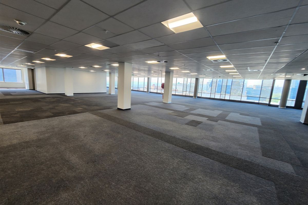 A spacious, open-plan office area featuring large floor-to-ceiling windows, carpeted flooring, and a suspended ceiling with integrated lighting.