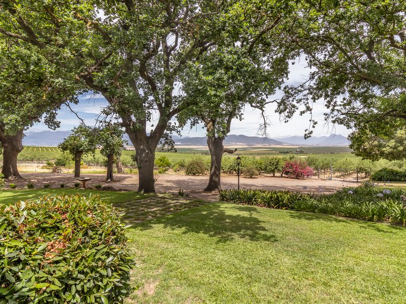 A scenic view of the farm landscape featuring mature oak trees, manicured lawn, and expansive agricultural fields under a mountain backdrop.