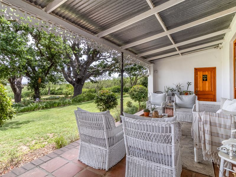A covered patio featuring terracotta tile flooring and decorative metal trim, overlooking a lush green garden with mature trees.