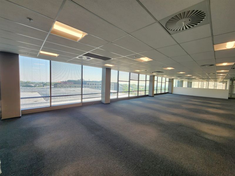 Spacious open-plan office area featuring large windows with natural light, suspended ceilings, recessed lighting, and air conditioning vents.