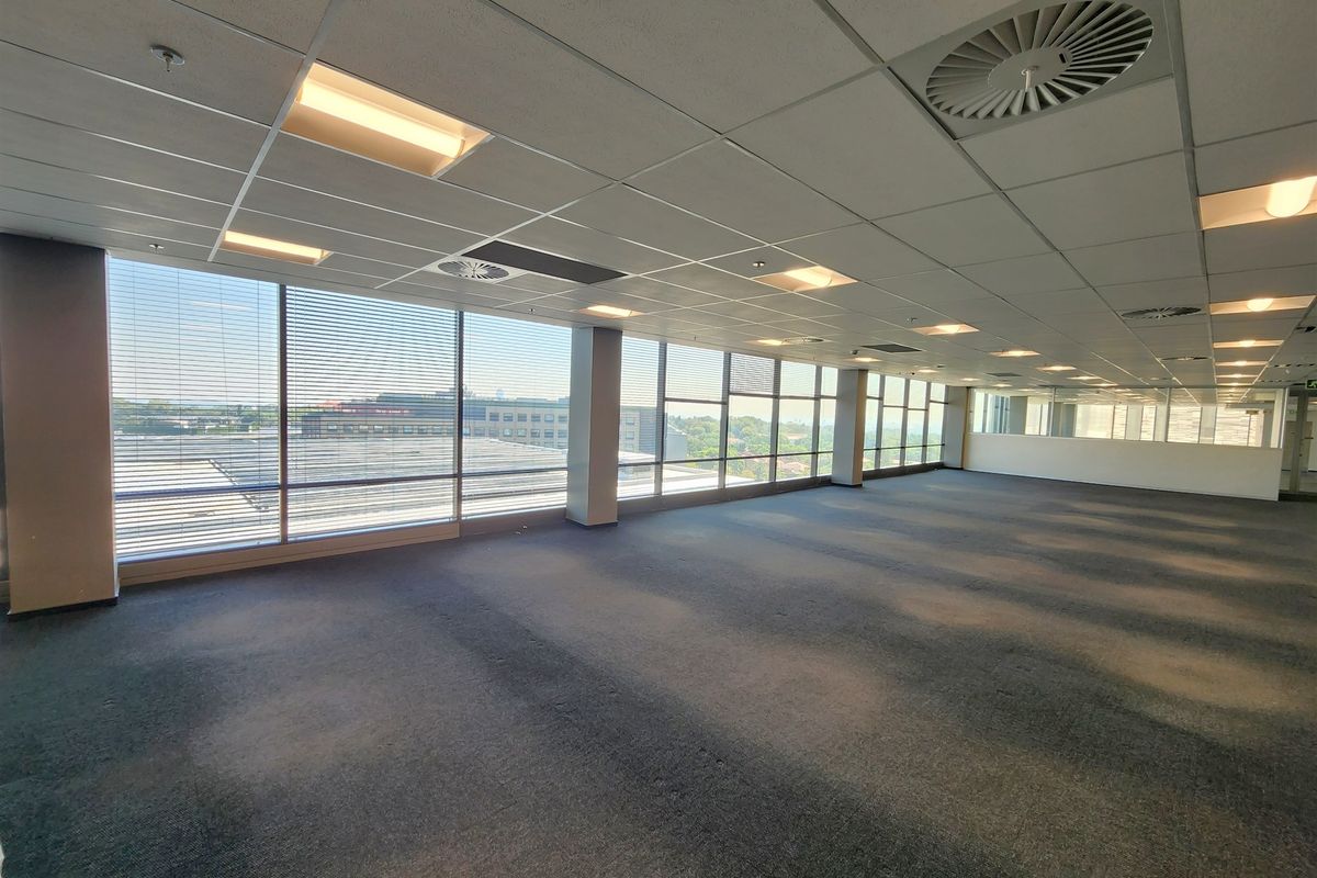 Spacious open-plan office area featuring large windows with natural light, suspended ceilings, recessed lighting, and air conditioning vents.