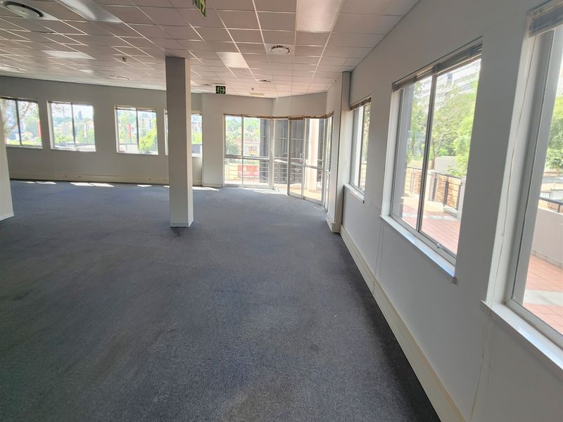 Spacious, open-plan office area featuring large windows, suspended ceilings, and neutral carpeting, offering a bright and versatile workspace environment.
