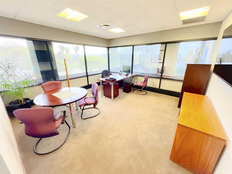A bright, professional office space featuring large floor-to-ceiling windows, carpeted flooring, and a suspended ceiling with recessed lighting.