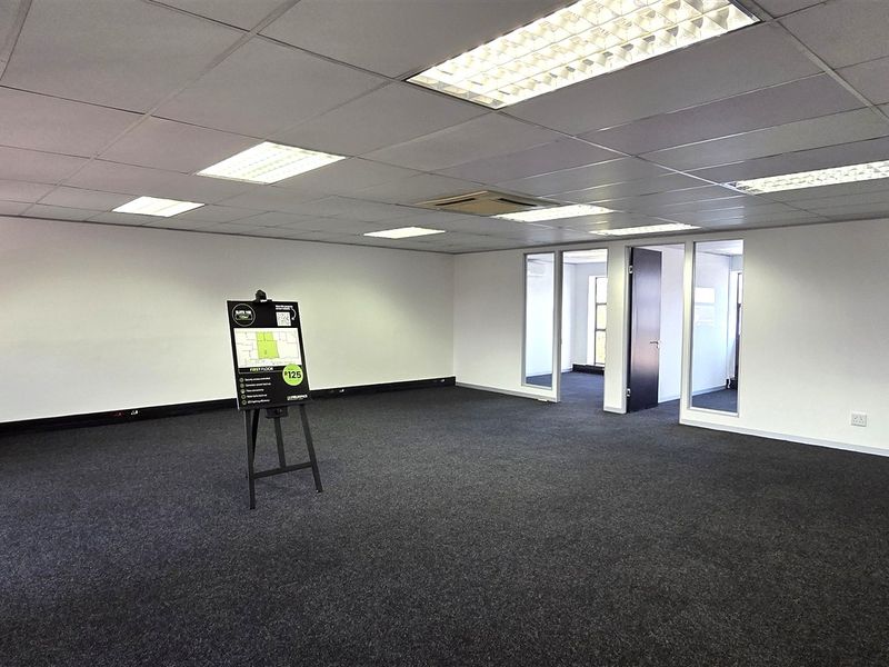 A spacious, open-plan office area featuring a suspended ceiling with recessed lighting, dark carpeting, and glass partition doors leading to adjacent rooms.