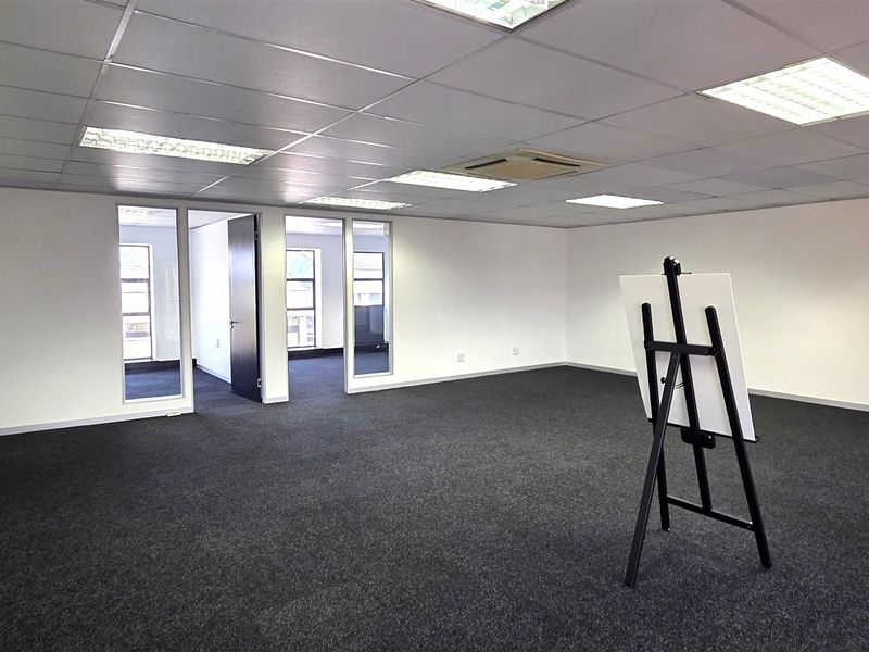 Spacious open-plan office area featuring dark carpeting, a suspended ceiling with recessed lighting, and glass-partitioned doorways leading to adjacent office spaces.