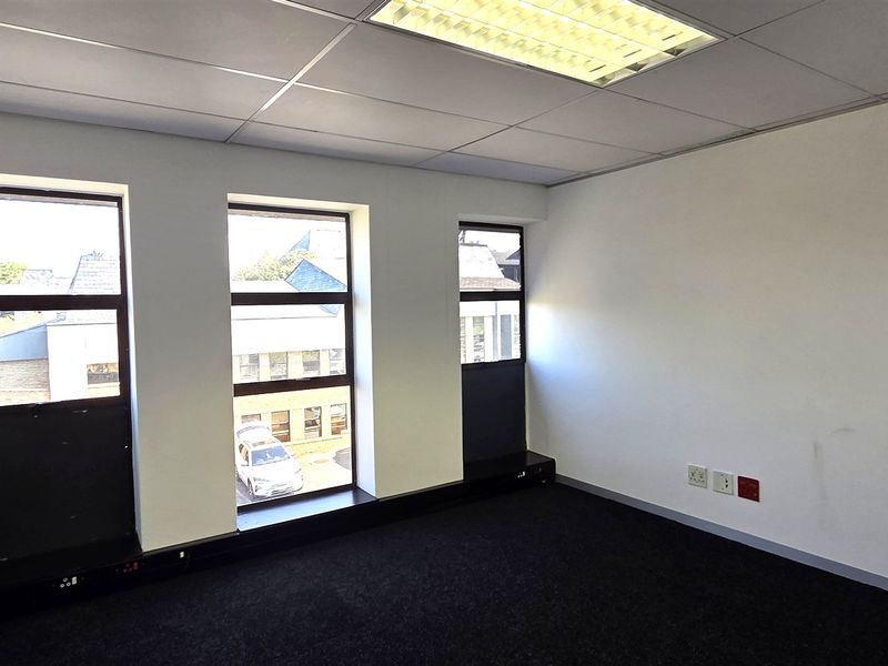A vacant office space featuring a suspended ceiling, recessed lighting, dark carpeting, and multiple windows providing natural light.