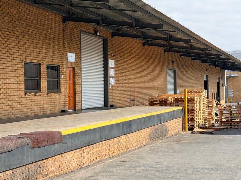 Industrial warehouse exterior featuring a raised loading dock, multiple roller shutter doors, and a protective steel roof canopy for efficient logistics operations.