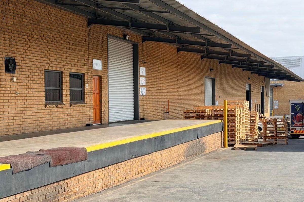 Industrial warehouse exterior featuring a raised loading dock, multiple roller shutter doors, and a protective steel roof canopy for efficient logistics operations.