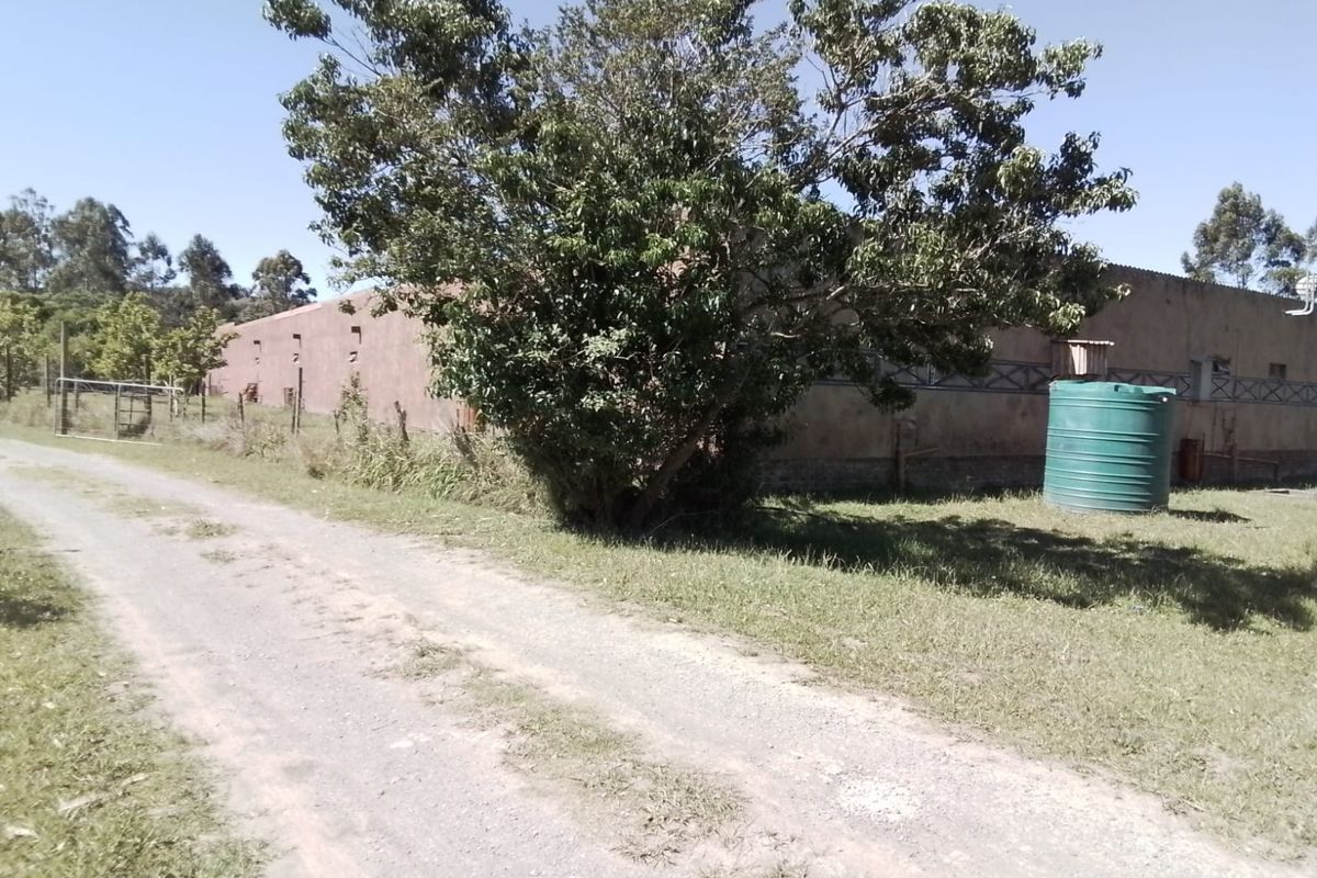 Exterior view of a farm building featuring a gravel driveway, perimeter fencing, and a large water storage tank on the property grounds.
