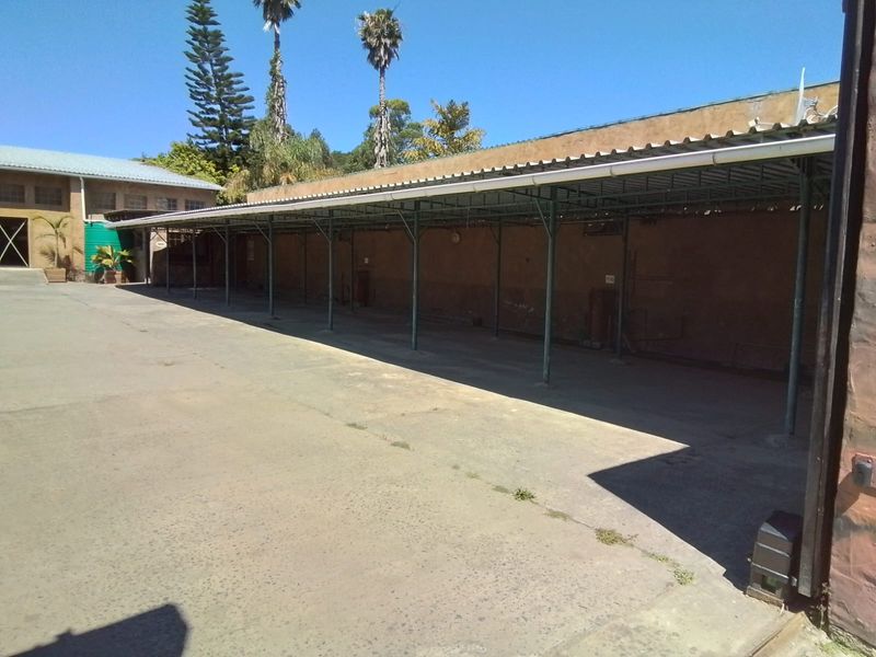 An open-sided covered parking structure with a corrugated metal roof and steel support columns, situated on a concrete driveway.