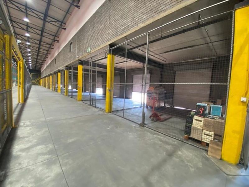 Spacious industrial warehouse area featuring concrete flooring, steel mesh partitioning, and multiple roller shutter doors for efficient loading and storage access.