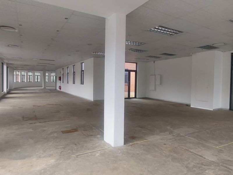 Spacious open-plan commercial office area featuring a suspended ceiling, structural columns, and large windows providing ample natural light.