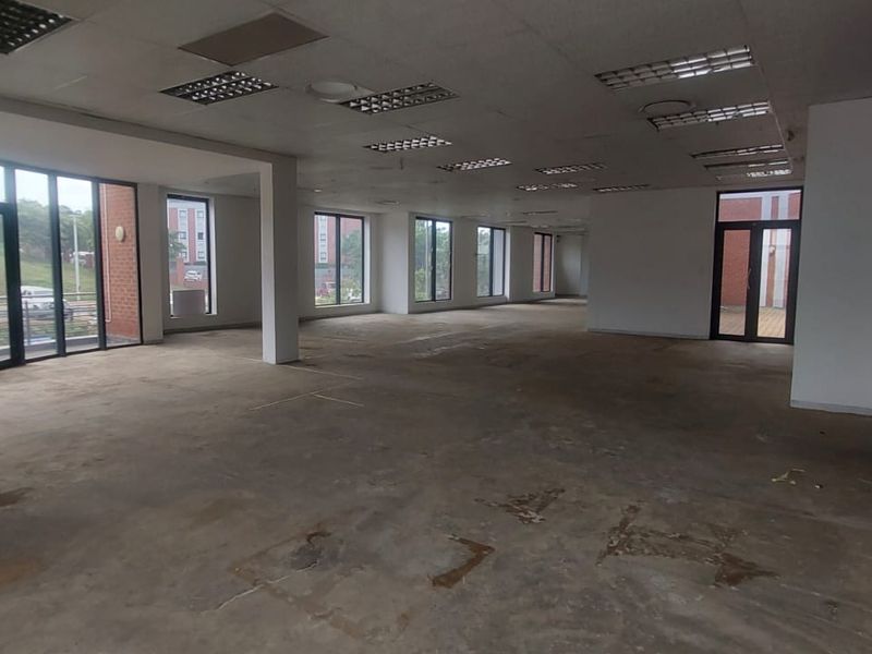 A spacious, vacant open-plan office area featuring large windows, suspended ceilings with recessed lighting, and unfinished concrete flooring.