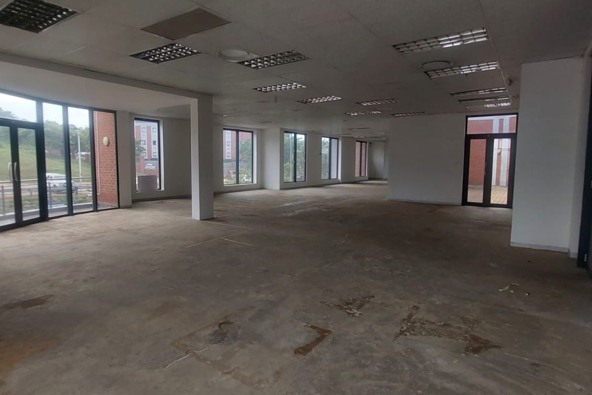 A spacious, vacant open-plan office area featuring large windows, suspended ceilings with recessed lighting, and unfinished concrete flooring.