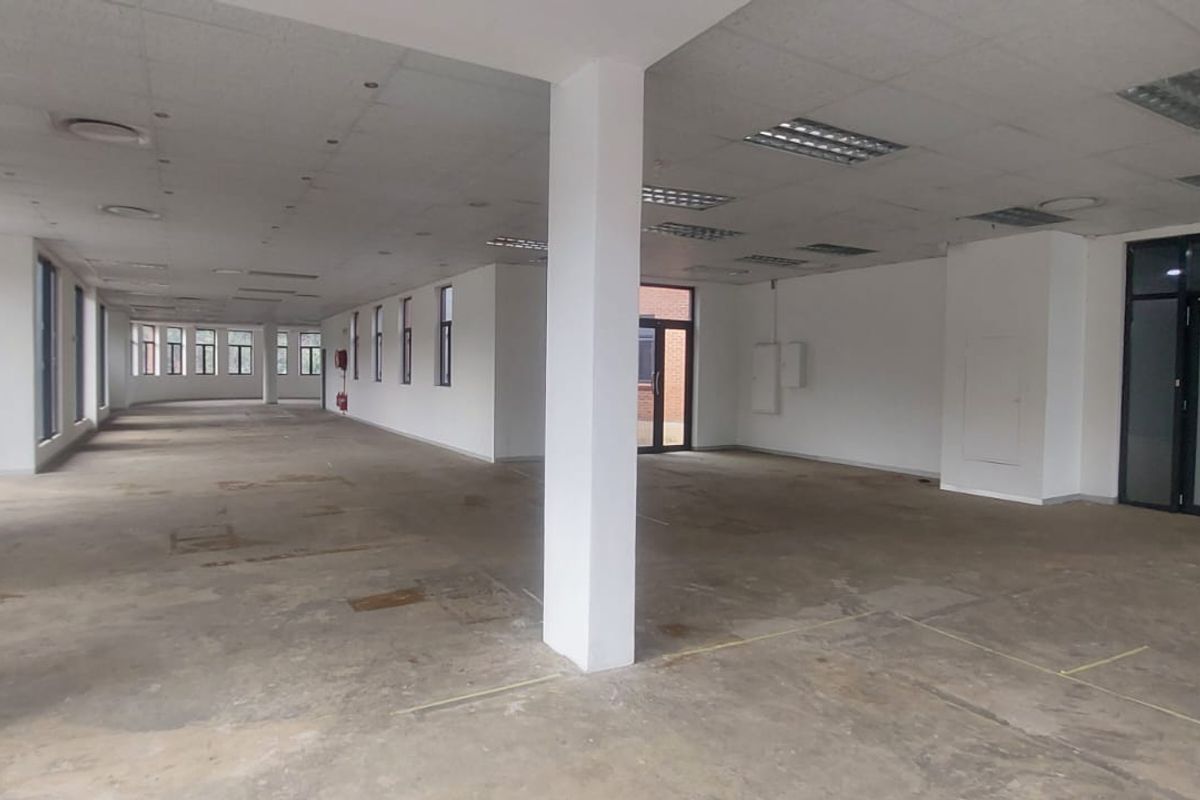 Spacious open-plan commercial office area featuring a suspended ceiling, structural columns, and large windows providing ample natural light.