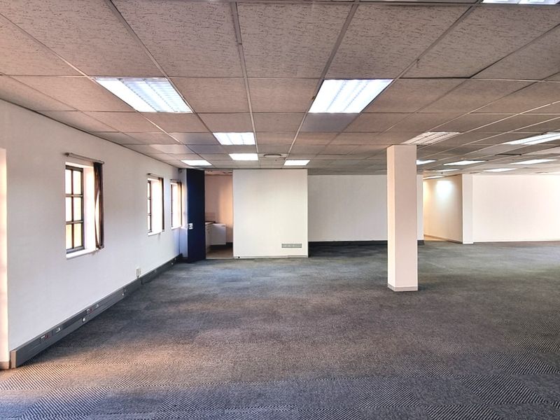 Spacious, open-plan office area featuring a suspended ceiling, recessed lighting, and carpeted flooring, offering a versatile layout for professional workspace requirements.