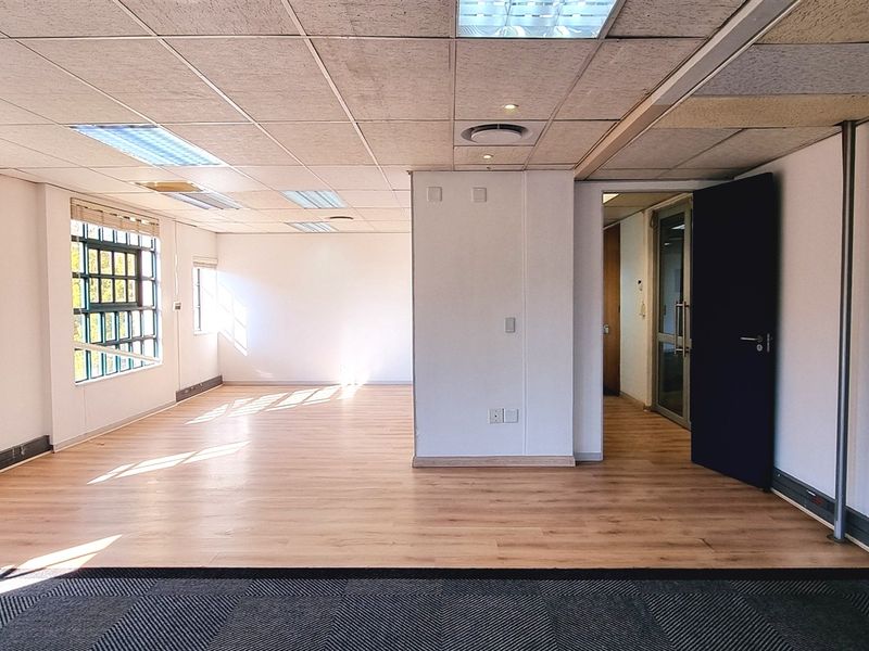 A spacious, vacant office area featuring a mix of laminate and carpet flooring, suspended ceilings with recessed lighting, and large grid windows.