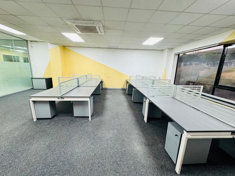 A professional office space featuring carpeted flooring, suspended ceilings with recessed lighting, integrated air conditioning, and large windows providing natural light.