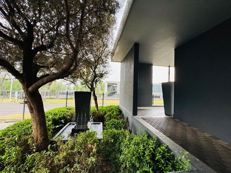 Modern office entrance featuring a paved walkway, covered portico, and a decorative water feature set within a landscaped garden area.