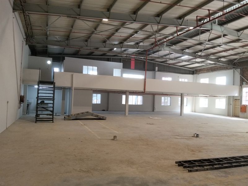 Spacious industrial warehouse featuring a mezzanine level, exposed steel roof structure, fire sprinkler system, and concrete flooring, suitable for various commercial or storage uses.