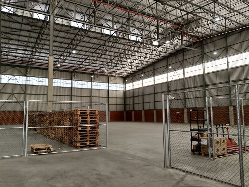 Spacious industrial warehouse featuring high ceilings with exposed steel trusses, concrete flooring, fire sprinkler system, and secure internal chain-link partitioned storage areas.