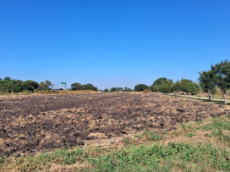A wide-angle view of a large, ploughed agricultural field on a farm, bordered by mature trees and featuring a distant water tank.