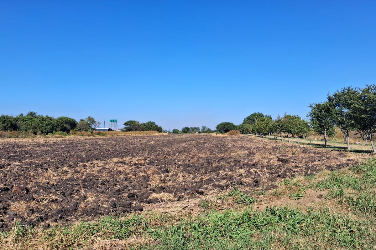 A wide-angle view of a large, ploughed agricultural field on a farm, bordered by mature trees and featuring a distant water tank.