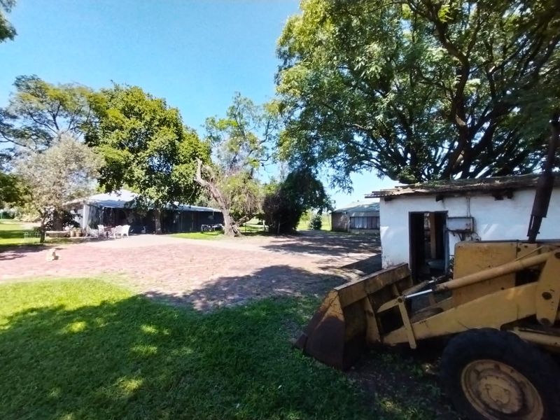Spacious farm yard featuring a brick paved courtyard, mature trees, and an outbuilding, offering ample outdoor space and potential for landscaping.