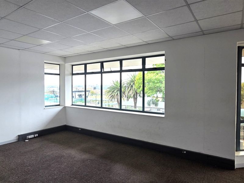 A bright, vacant office space featuring large windows with natural light, a suspended ceiling, and carpeted flooring, suitable for a professional workspace.