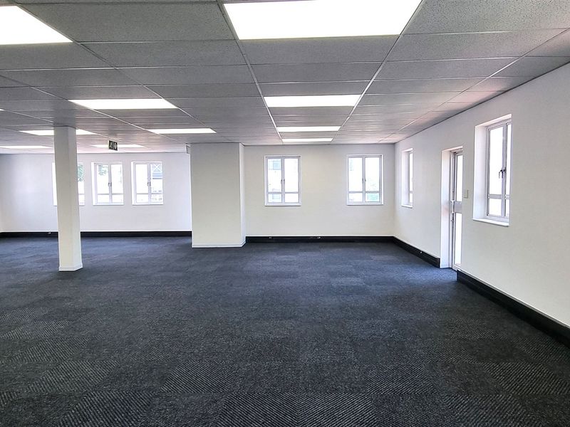 A spacious, open-plan office area featuring a suspended ceiling with recessed lighting, carpeted flooring, and multiple windows providing ample natural light.