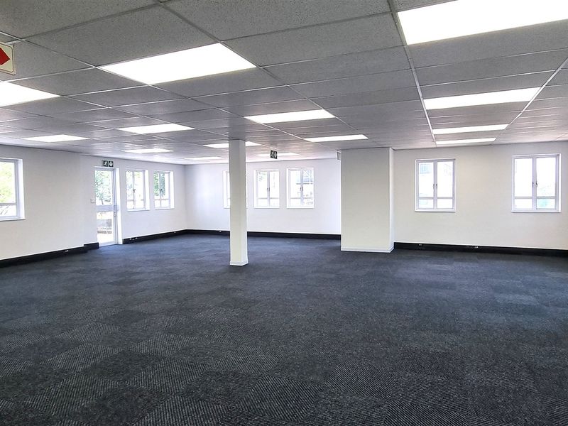 Spacious, open-plan office area featuring neutral finishes, carpet tiles, suspended ceilings with recessed lighting, and ample natural light from multiple windows.