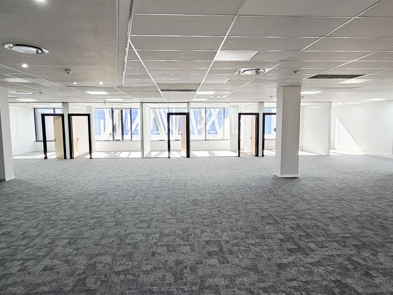 Spacious open-plan office area featuring carpeted flooring, suspended ceilings with recessed lighting, and large windows providing ample natural light.