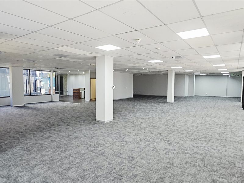 A spacious, open-plan office area featuring a suspended ceiling, recessed lighting, and neutral carpet flooring, offering a versatile workspace layout.